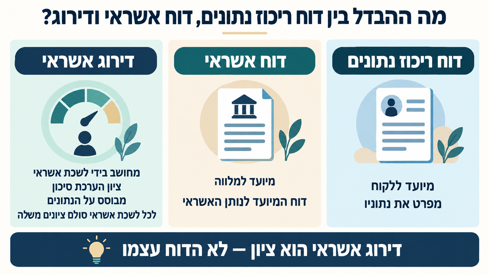 אינפוגרפיקה בעברית המשווה בין דוח ריכוז נתונים המיועד ללקוח, דוח אשראי המיועד למלווה ודירוג אשראי המחושב בידי לשכת אשראי.